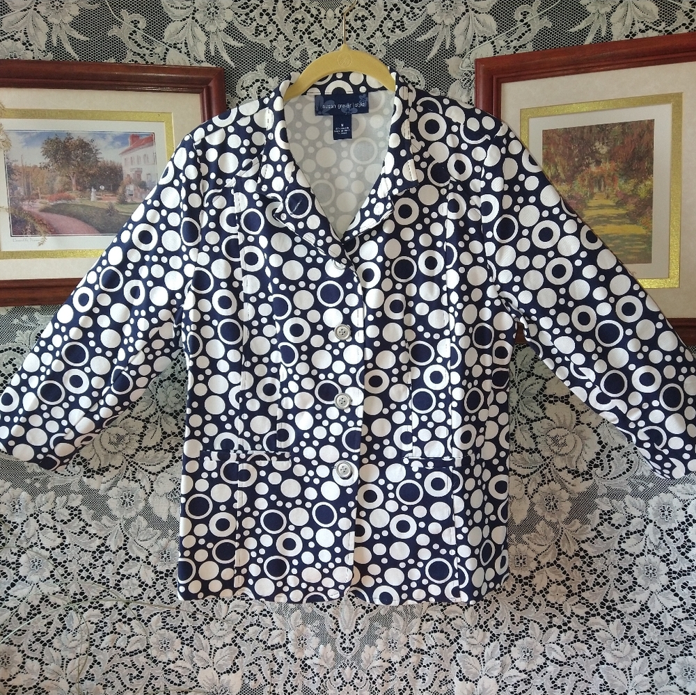 Susan Graver navy blue white polka dot 100% cotton blazer with silver buttons